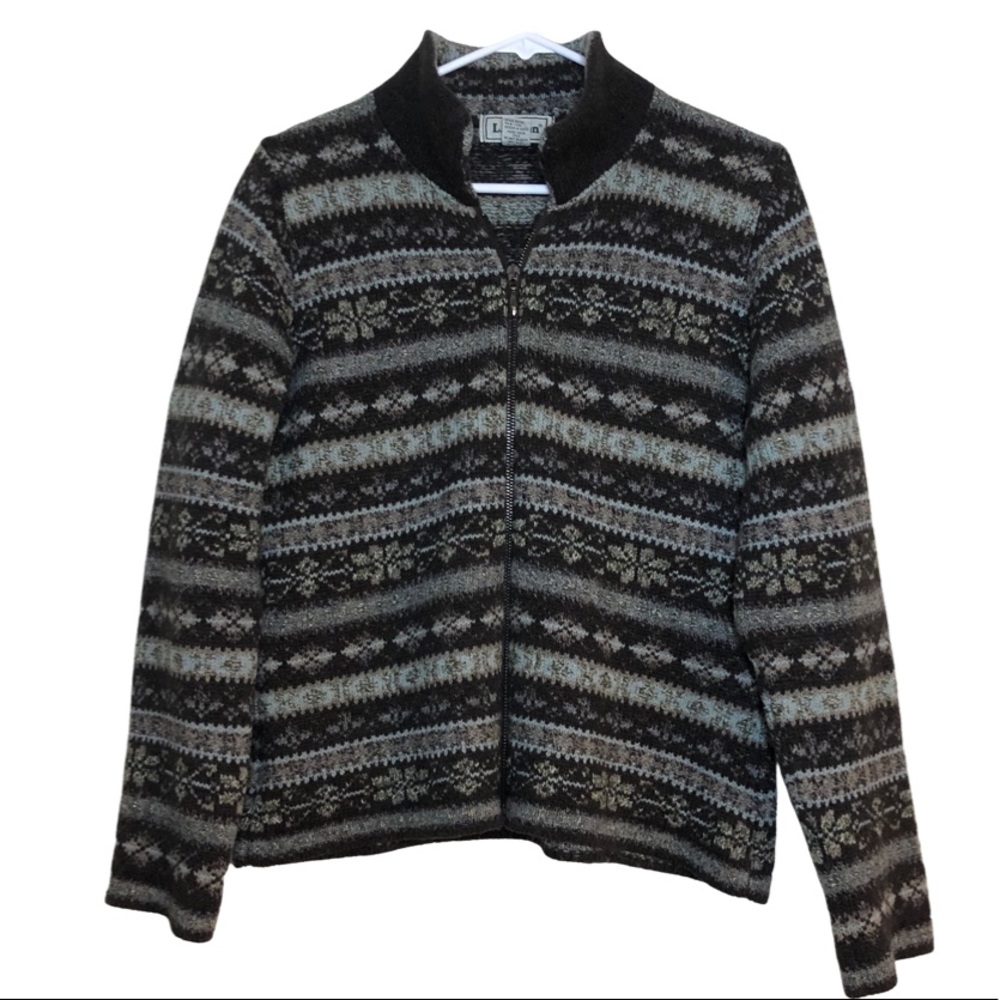 Vintage L.L.Bean Wool Zip Up Cardigan Sweater Brown/Mint Blue Holiday